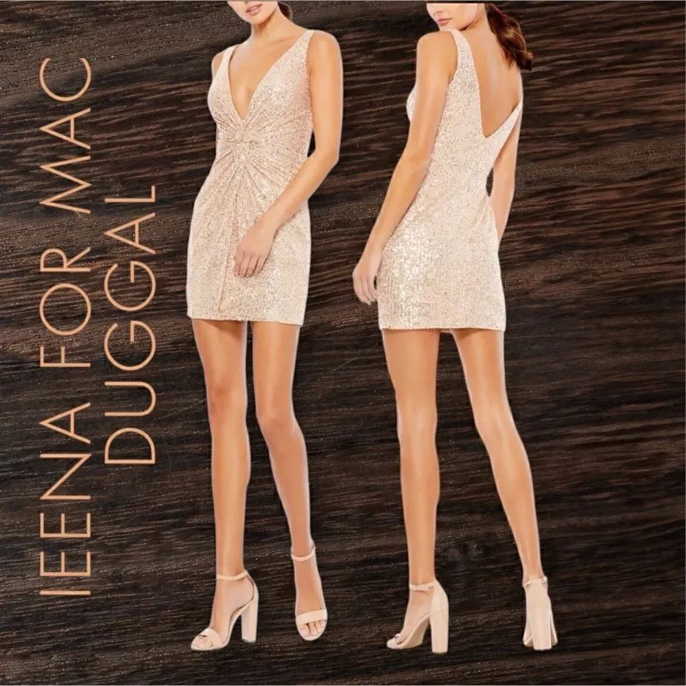 MAC DUGGAL Ieena by Mac Duggal Front Twist Plunging Sequined Mini Dress Size 12